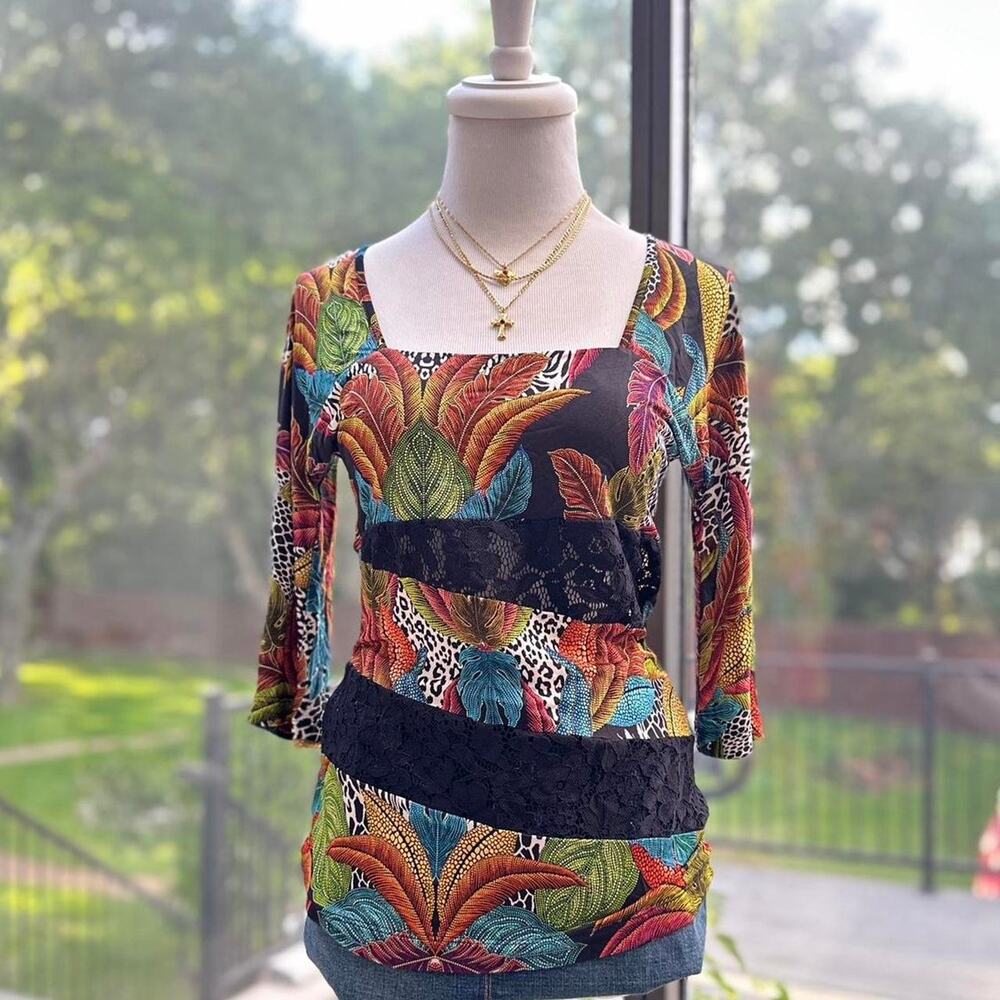 Italian Floral Leopard Lace Trim Top Y2K Boho Euro